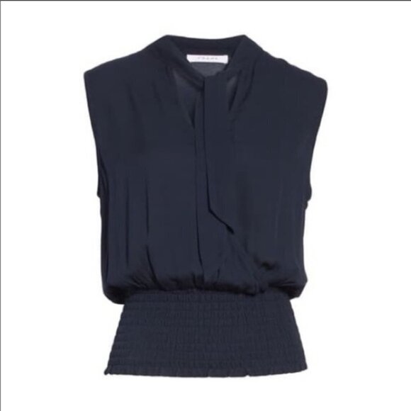 FRAME Tie Neck Smock Hem Top In Dark Navy - Medium - Picture 1 of 12